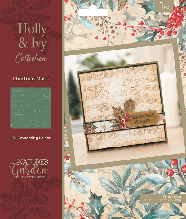 Crafters Companion Nature’s Garden Holly & Ivy - 2D Embossing Folder 6” x 6” - Christmas Music - Craftywaftyshop