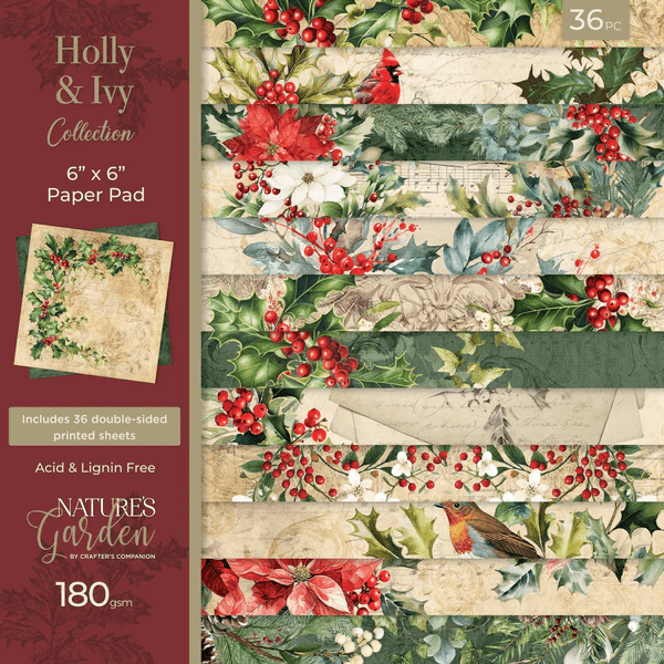 Crafters Companion Nature’s Garden - Holly & Ivy - 6” x 6” Paper Pad - Craftywaftyshop