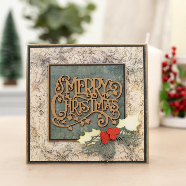 Crafters Companion Nature’s Garden Holly & Ivy - Metal Die - Merry Christmas Greeting - Craftywaftyshop