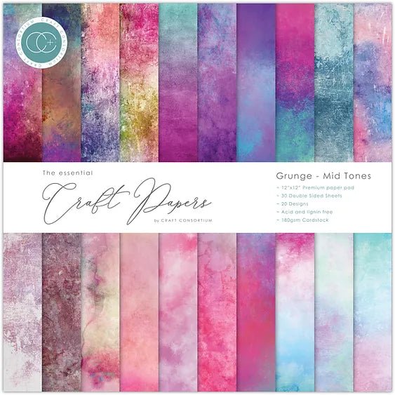 The Essential Craft Papers Grunge Mid Tones 12"x12" Paper Pad by Craft Consortium - Craftywaftyshop