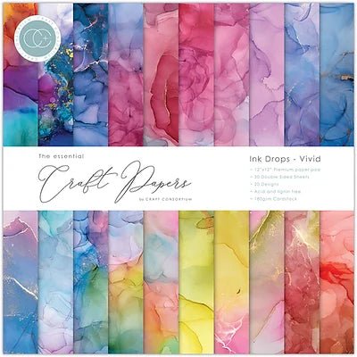 The Essential Craft Papers 12 x 12 Paper Pad Ink Drops Vivid by Craft Consortium - Craftywaftyshop