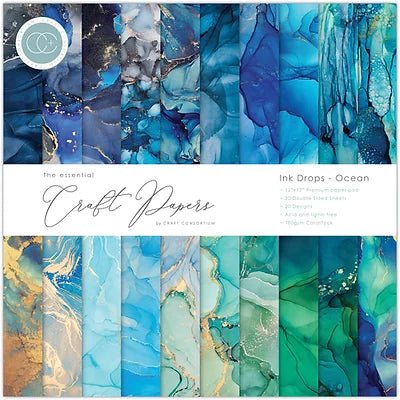 The Essential Craft Papers Ink Drops Ocean 12 x 12 Paper Pad by Craft Consortium - Craftywaftyshop